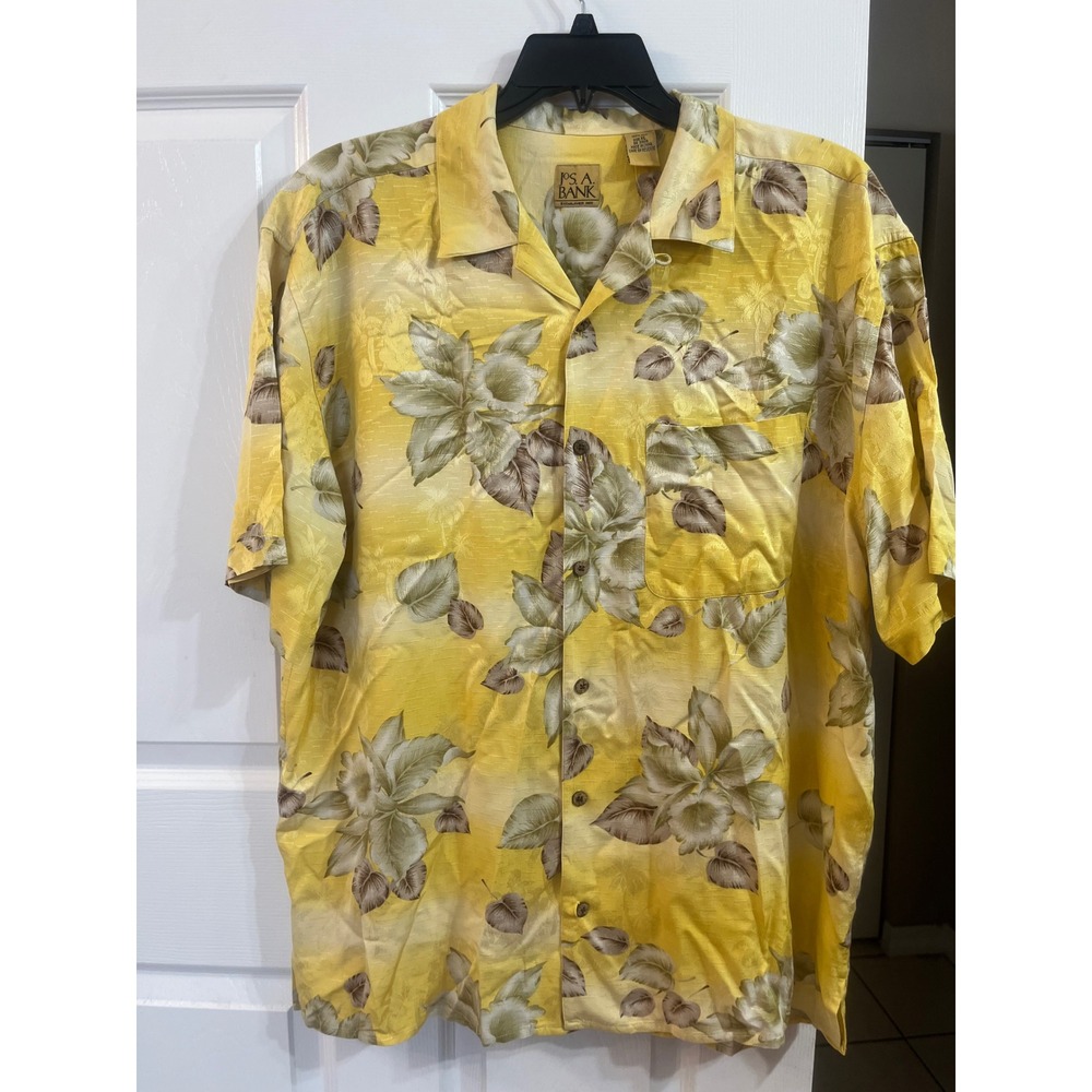 Jos. A Bank Mens XL Silk Tropical Floral Camp Shirt Yellow Short Sleeve ButtonUp